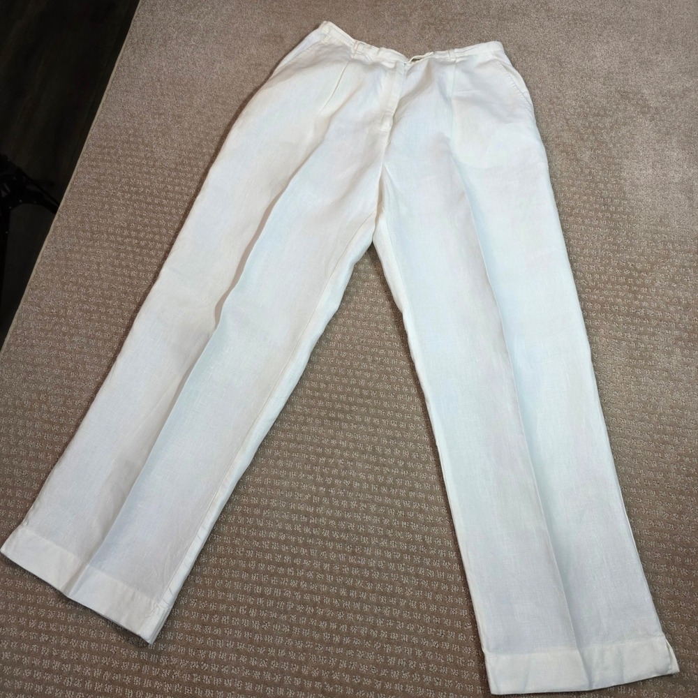 AT Denim White Linen Pants 6 Petite High Rise Straight‎ Leg Pockets 100% Linen